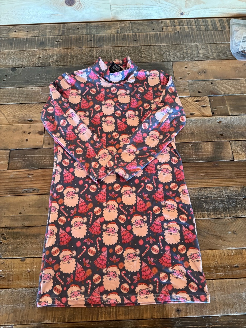 Girls' Pink Santa Print Long Sleeve Turtleneck Dress